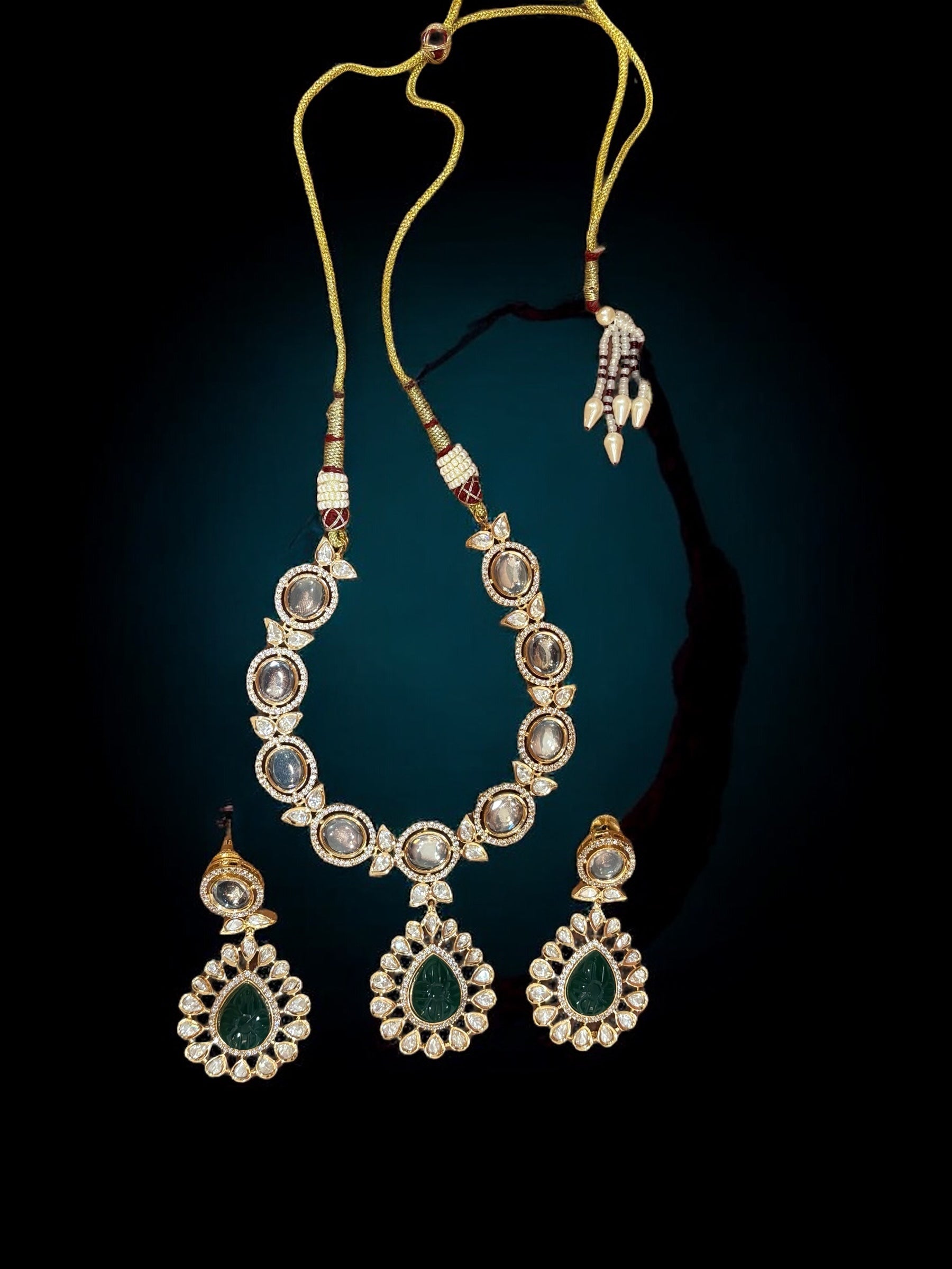 Elegant Kundan Necklace Set with Green & White Stones