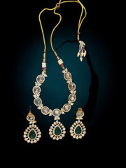 Elegant Kundan Necklace Set with Green & White Stones