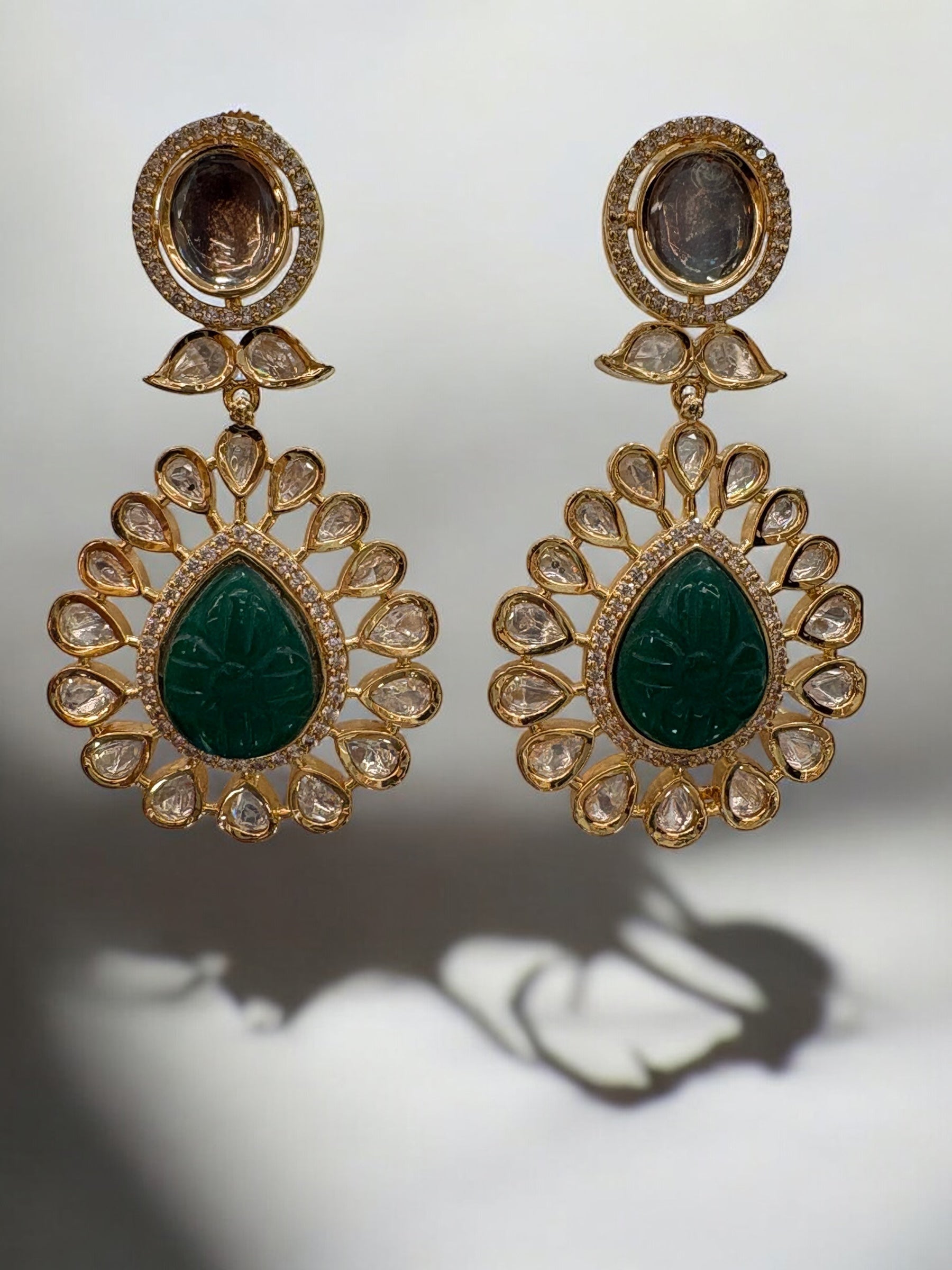 Elegant Kundan Necklace Set with Green & White Stones