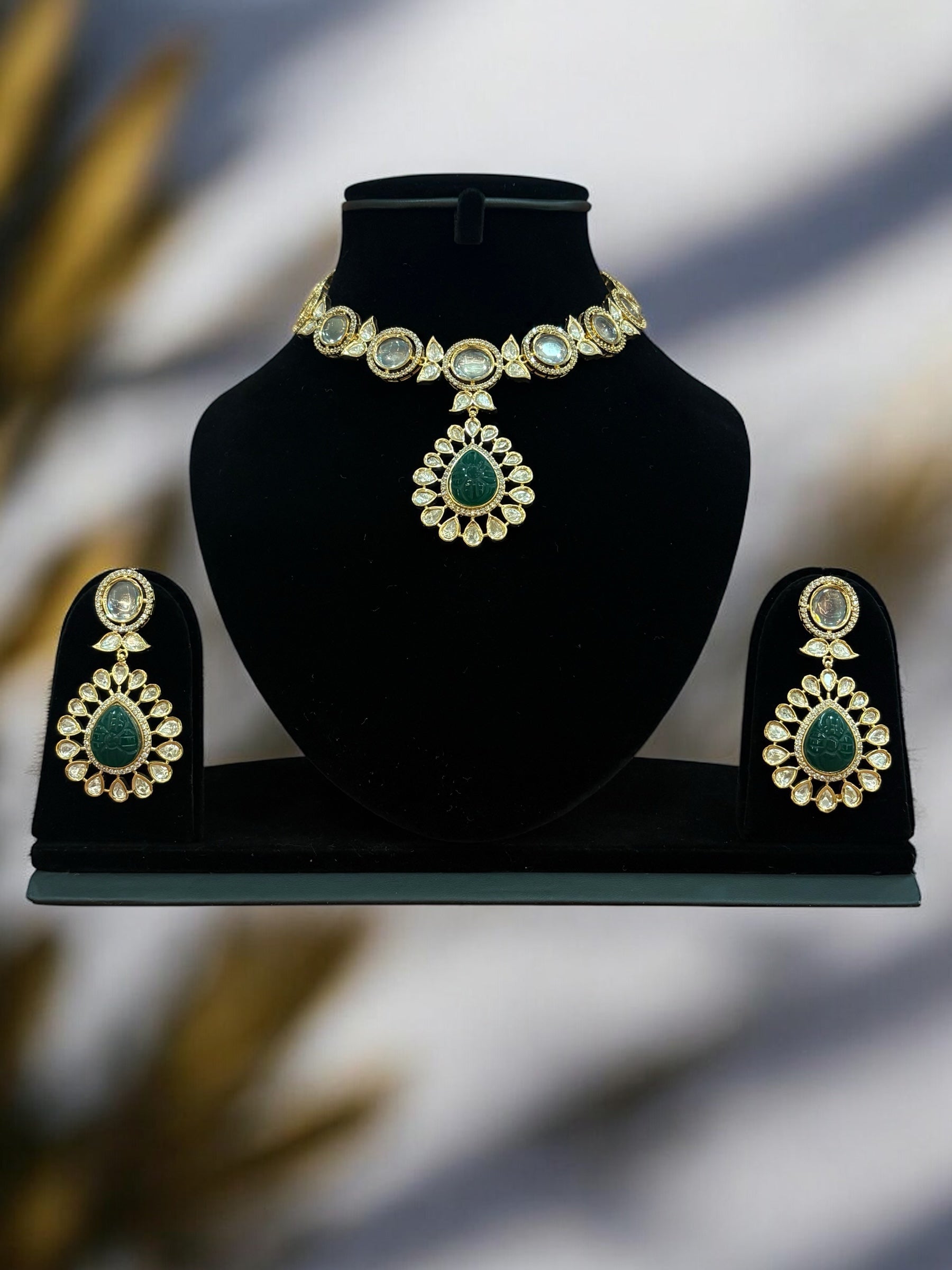 Elegant Kundan Necklace Set with Green & White Stones
