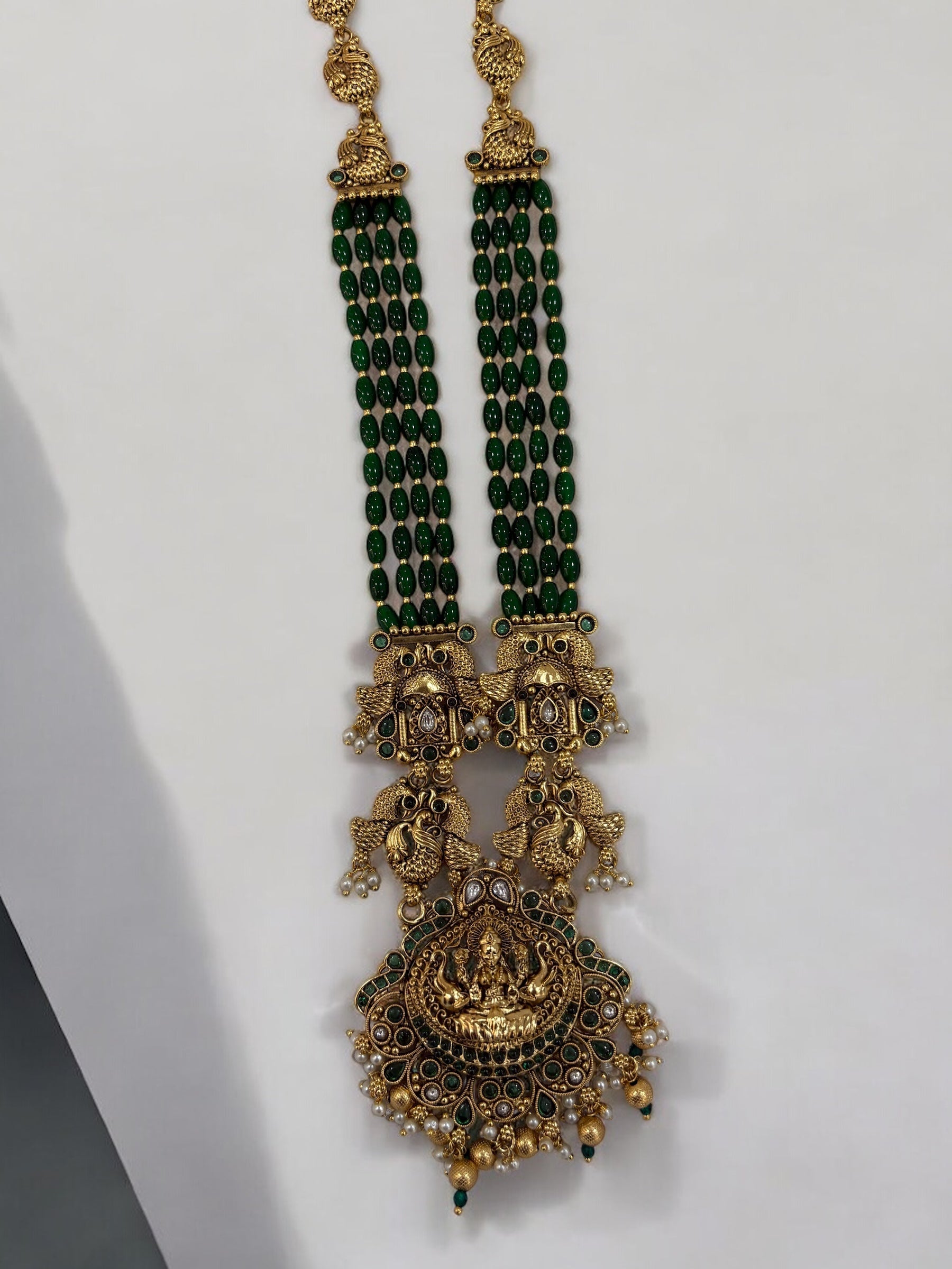 Royal Green Beaded Temple Jewelry Set with Goddess Lakshmi Pendant & Jhumka Earrings