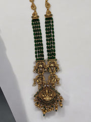 Royal Green Beaded Temple Jewelry Set with Goddess Lakshmi Pendant & Jhumka Earrings