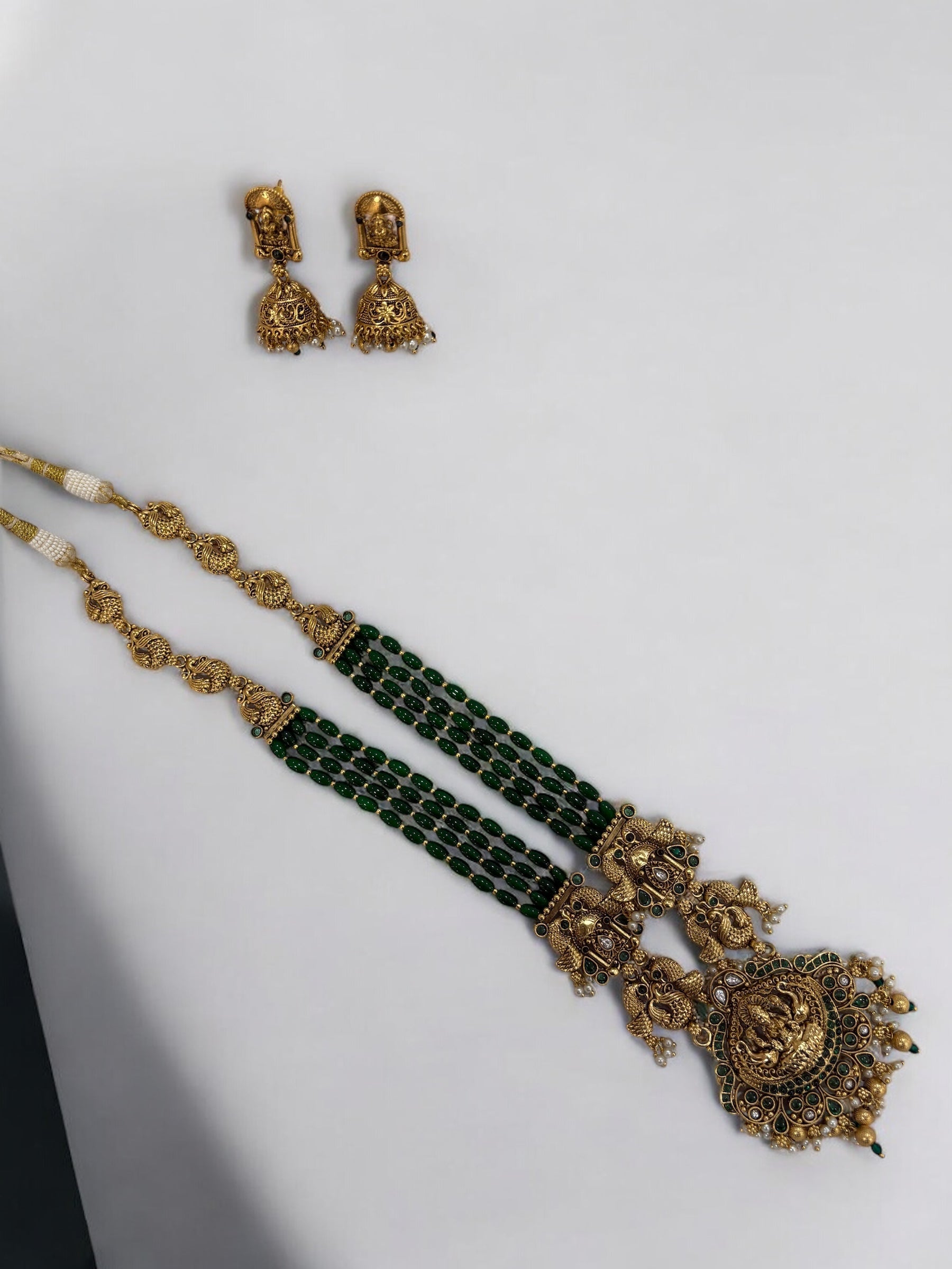 Royal Green Beaded Temple Jewelry Set with Goddess Lakshmi Pendant & Jhumka Earrings