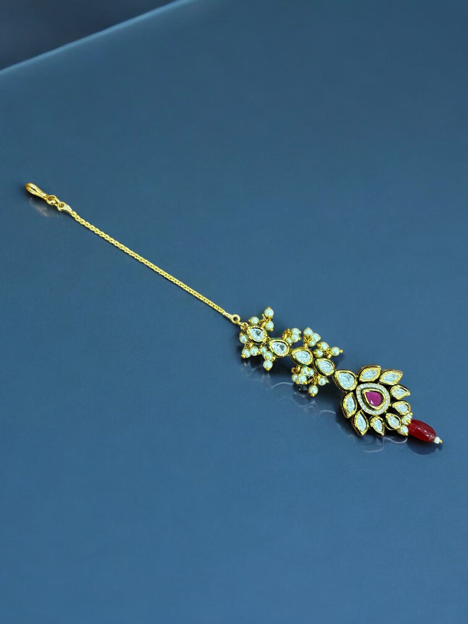 Pearl & Kundan Maang Tikka with Ruby Drop
