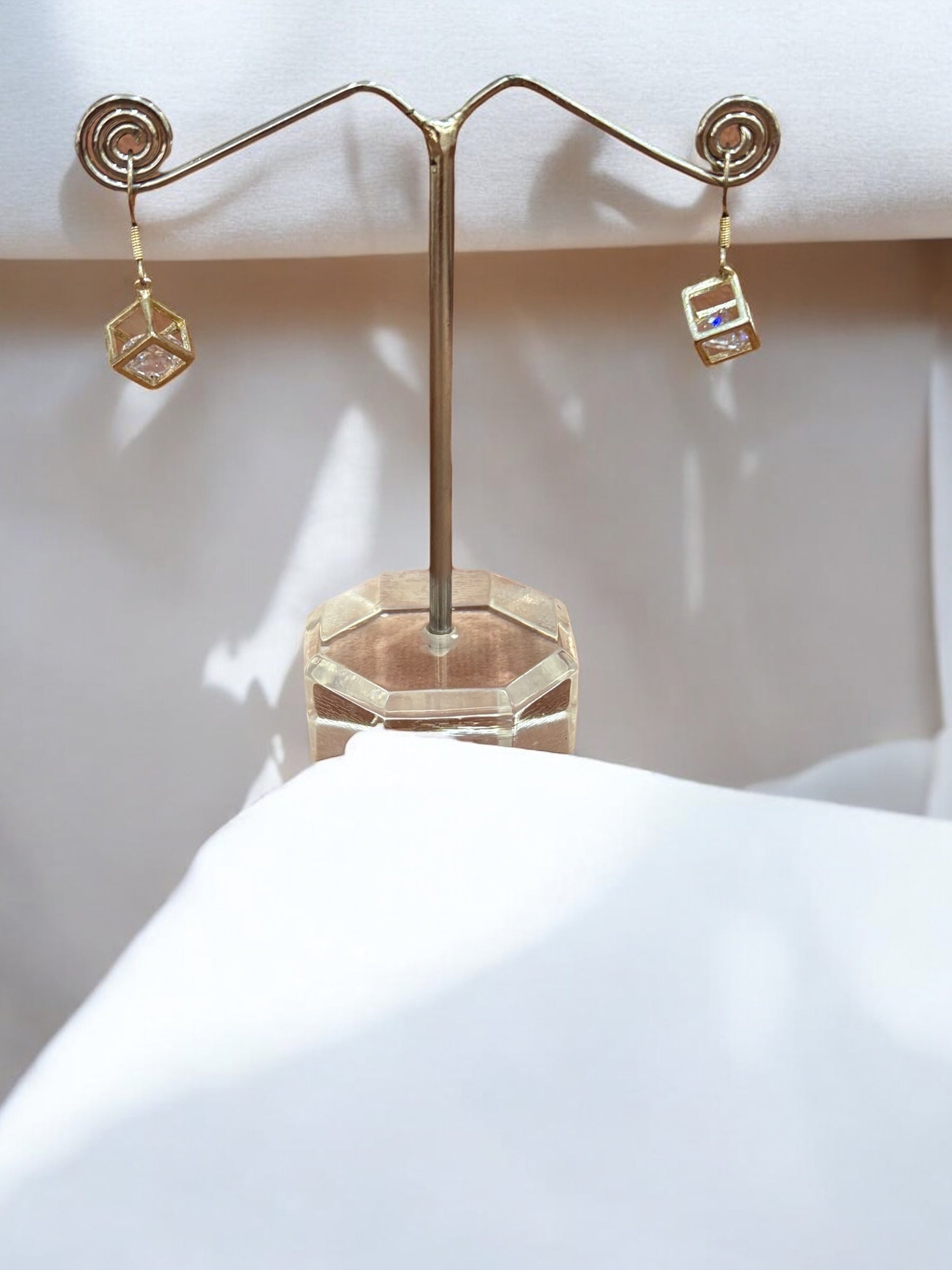 Geometric Cube Dangle Earrings – Gold-Tone with AD Stone