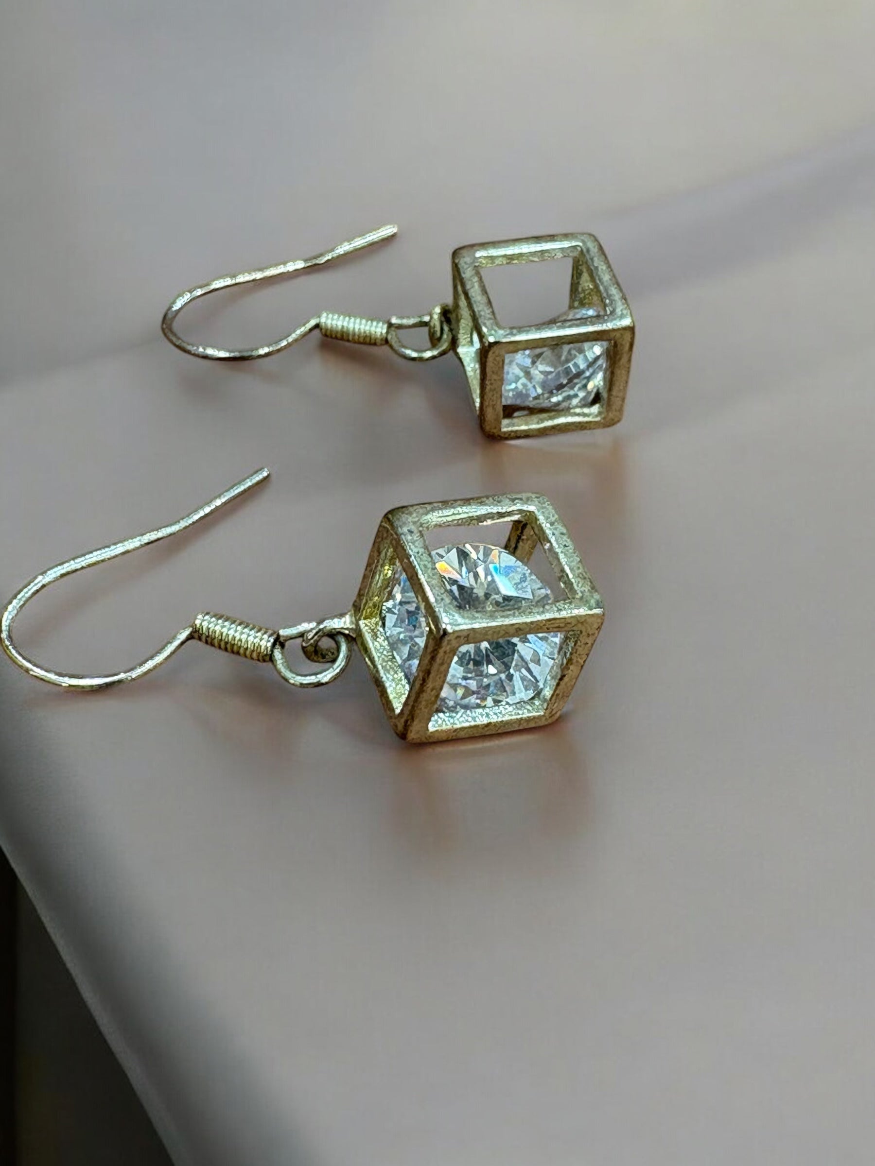 Geometric Cube Dangle Earrings – Gold-Tone with AD Stone