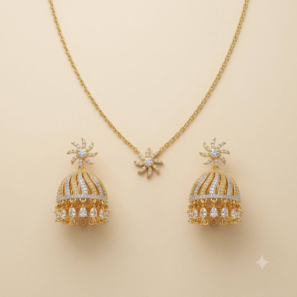 Celestial Swirl Dual-Tone CZ Jhumka Earrings