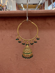 Elegant Golden Hoop Earrings with Green Jhumka Charms