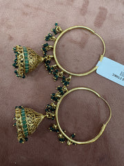 Elegant Golden Hoop Earrings with Green Jhumka Charms