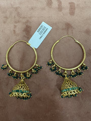 Elegant Golden Hoop Earrings with Green Jhumka Charms