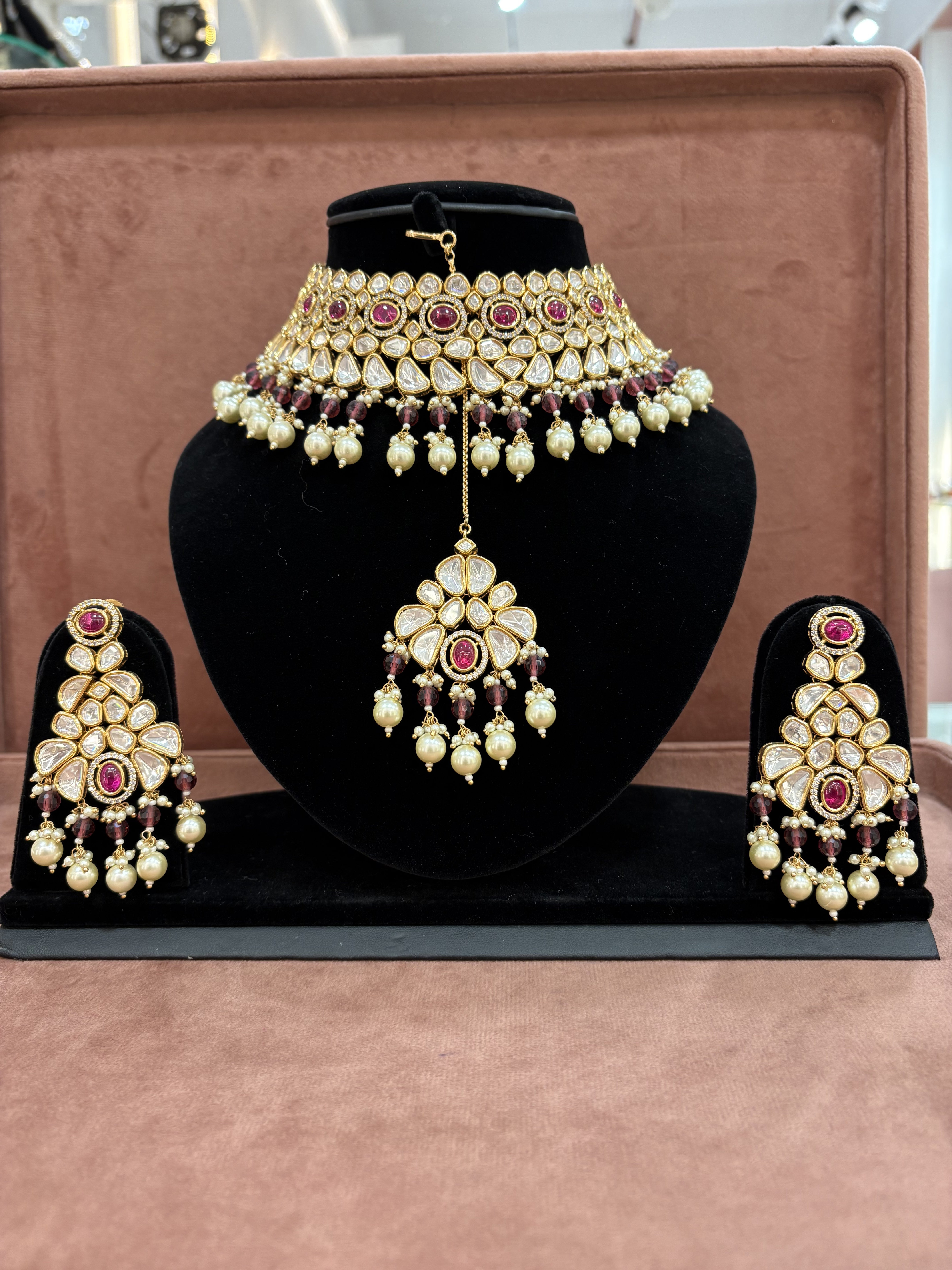 Royal Ruby Kundan Set with Matching Earrings and Maang Teeka
