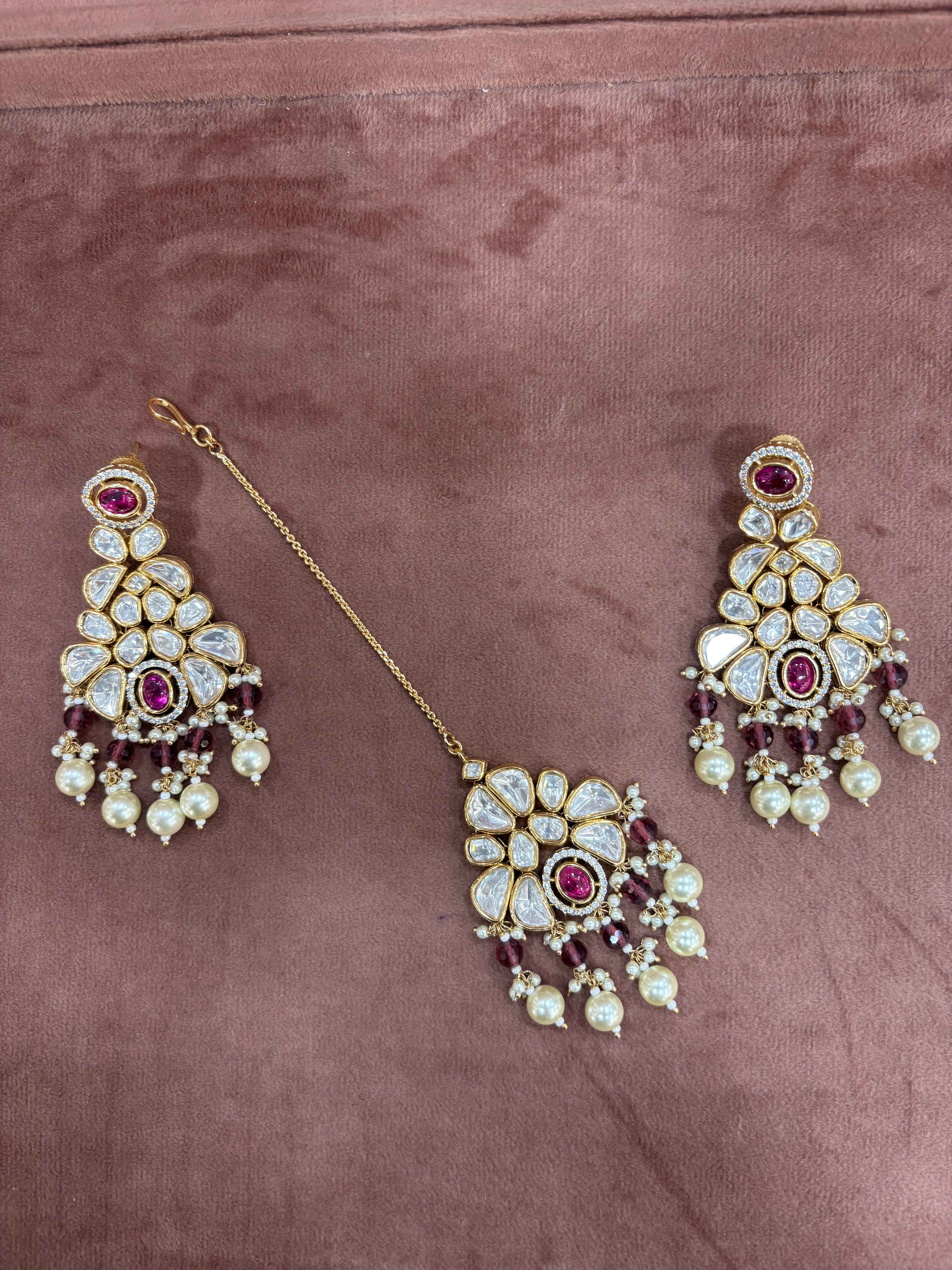 Royal Ruby Kundan Set with Matching Earrings and Maang Teeka