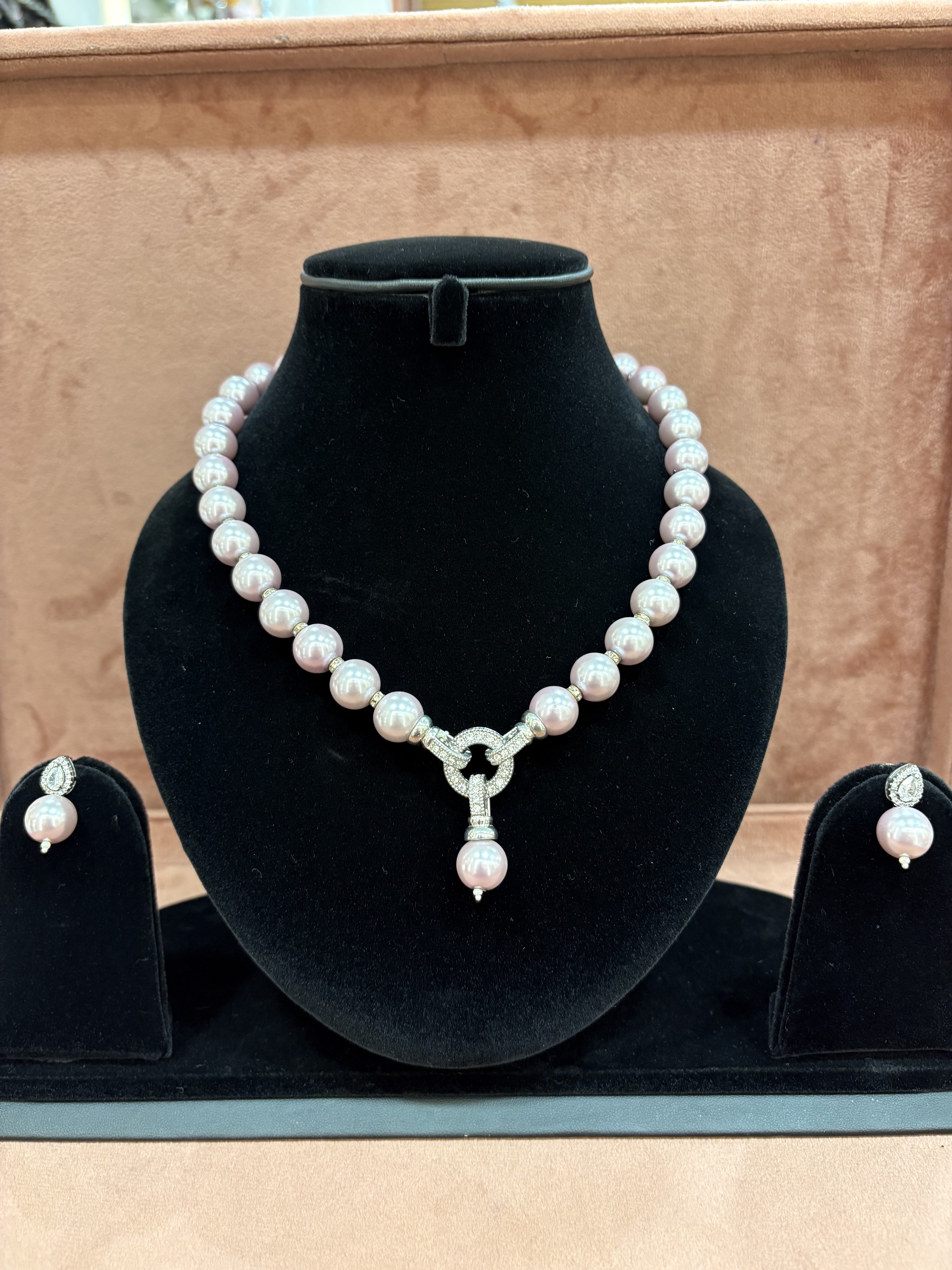 Elegant Pearl Necklace Set with Diamond Accents - Available in different colours