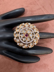 Opulent Gold-Plated Floral Ring with Ruby and Crystal Embellishments