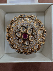 Opulent Gold-Plated Floral Ring with Ruby and Crystal Embellishments