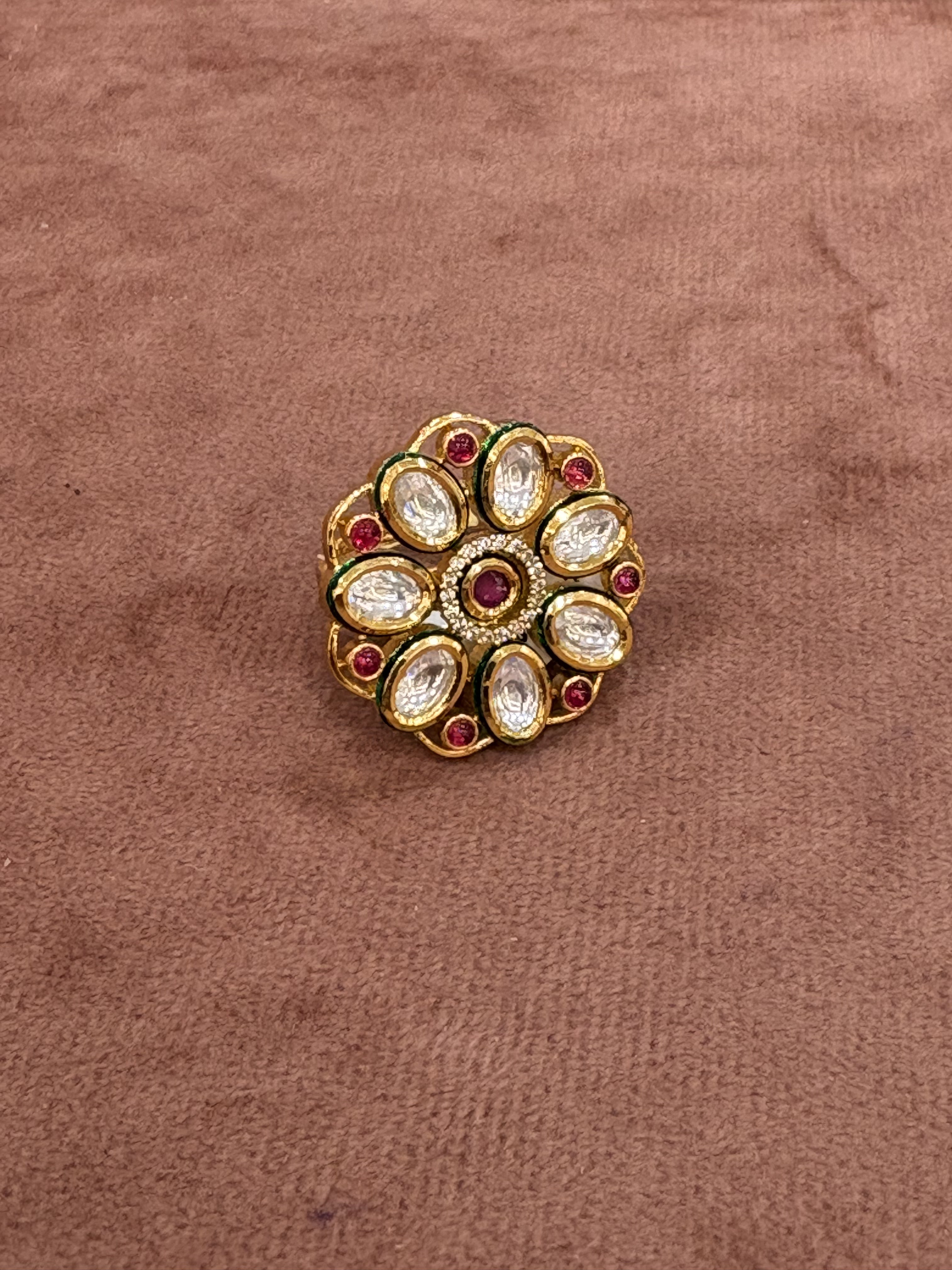 Elegant Floral Kundan Ring with Ruby and Green Enamel Accents