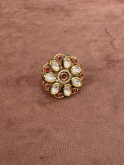 Elegant Floral Kundan Ring with Ruby and Green Enamel Accents
