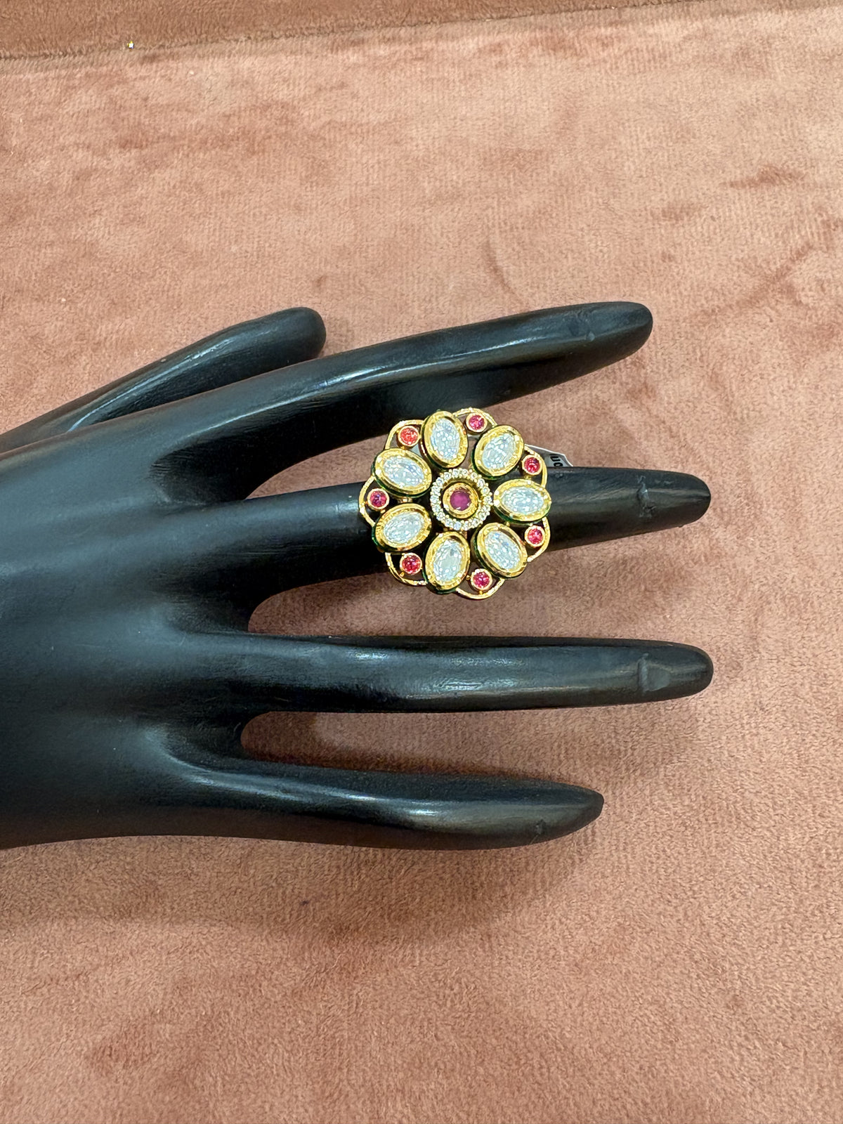 Elegant Floral Kundan Ring with Ruby and Green Enamel Accents