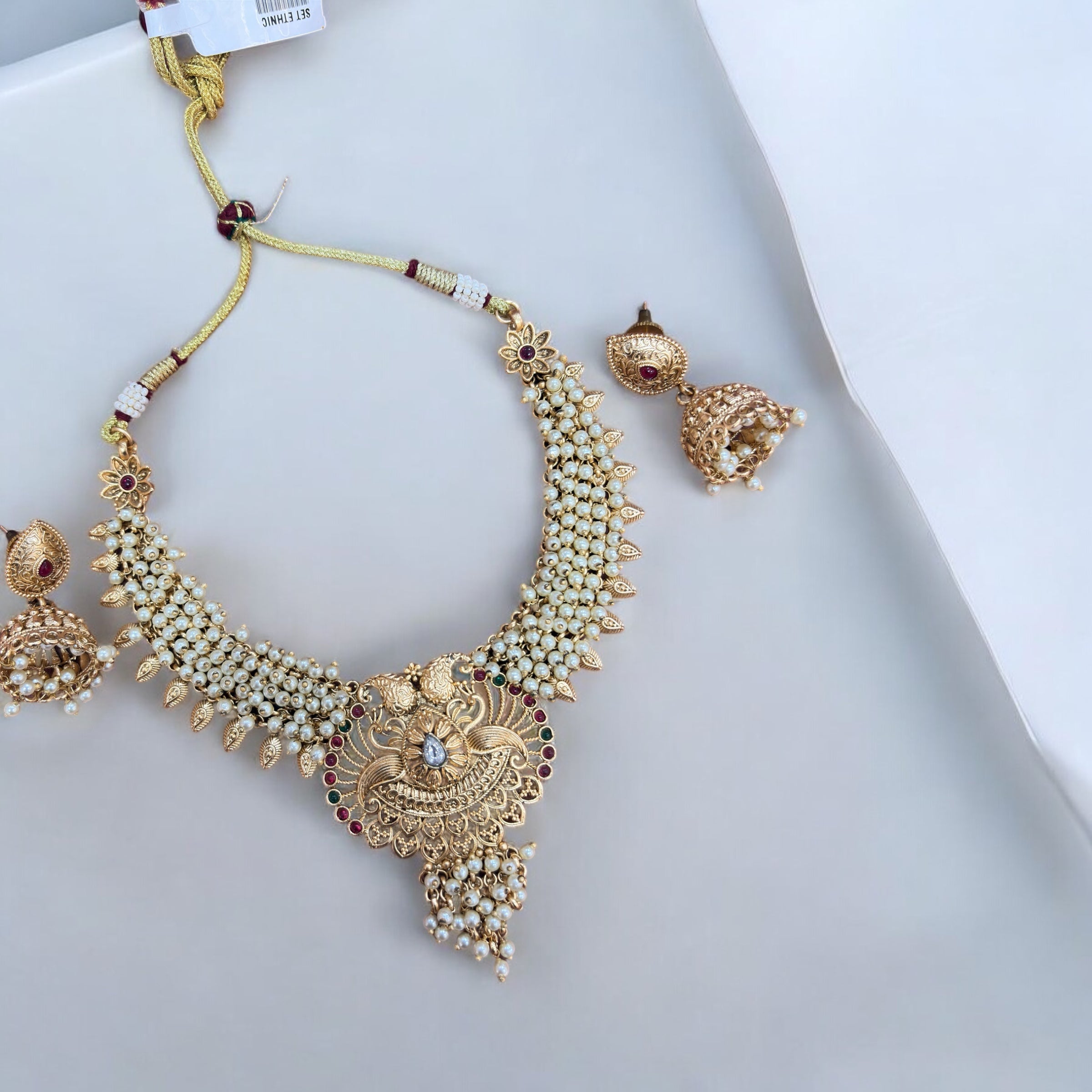 Gold Necklace Set with Peacock Motif and Pearl Detailing