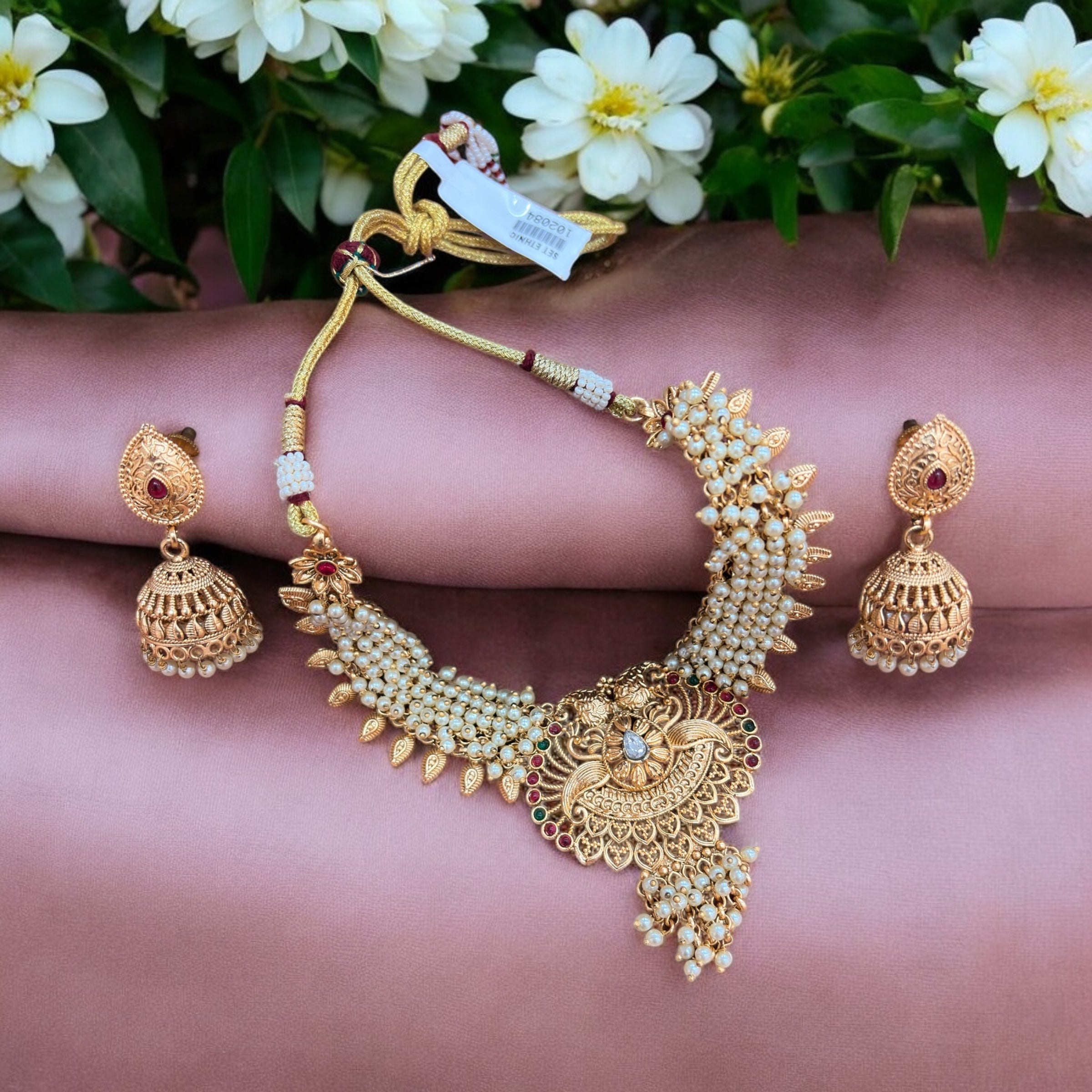 Gold Necklace Set with Peacock Motif and Pearl Detailing