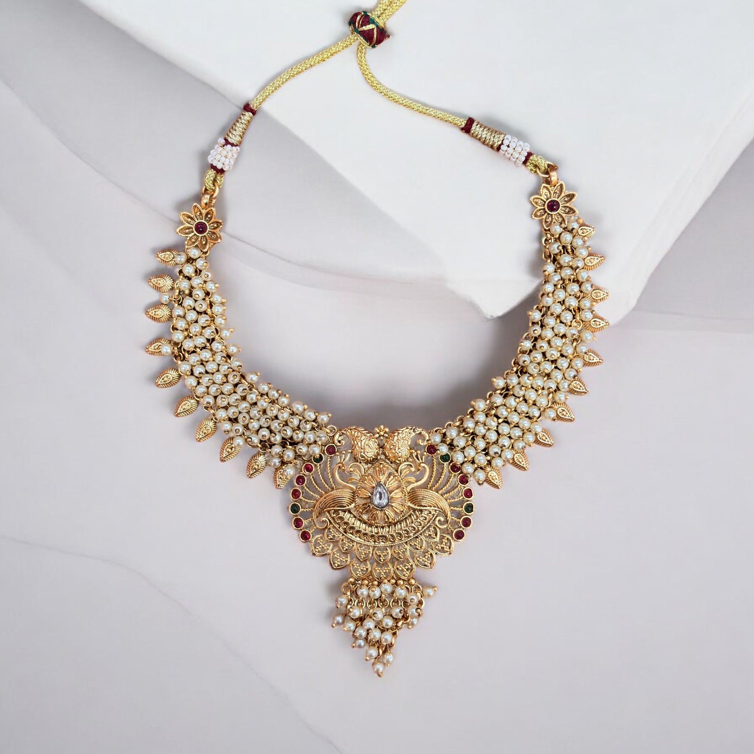 Gold Necklace Set with Peacock Motif and Pearl Detailing