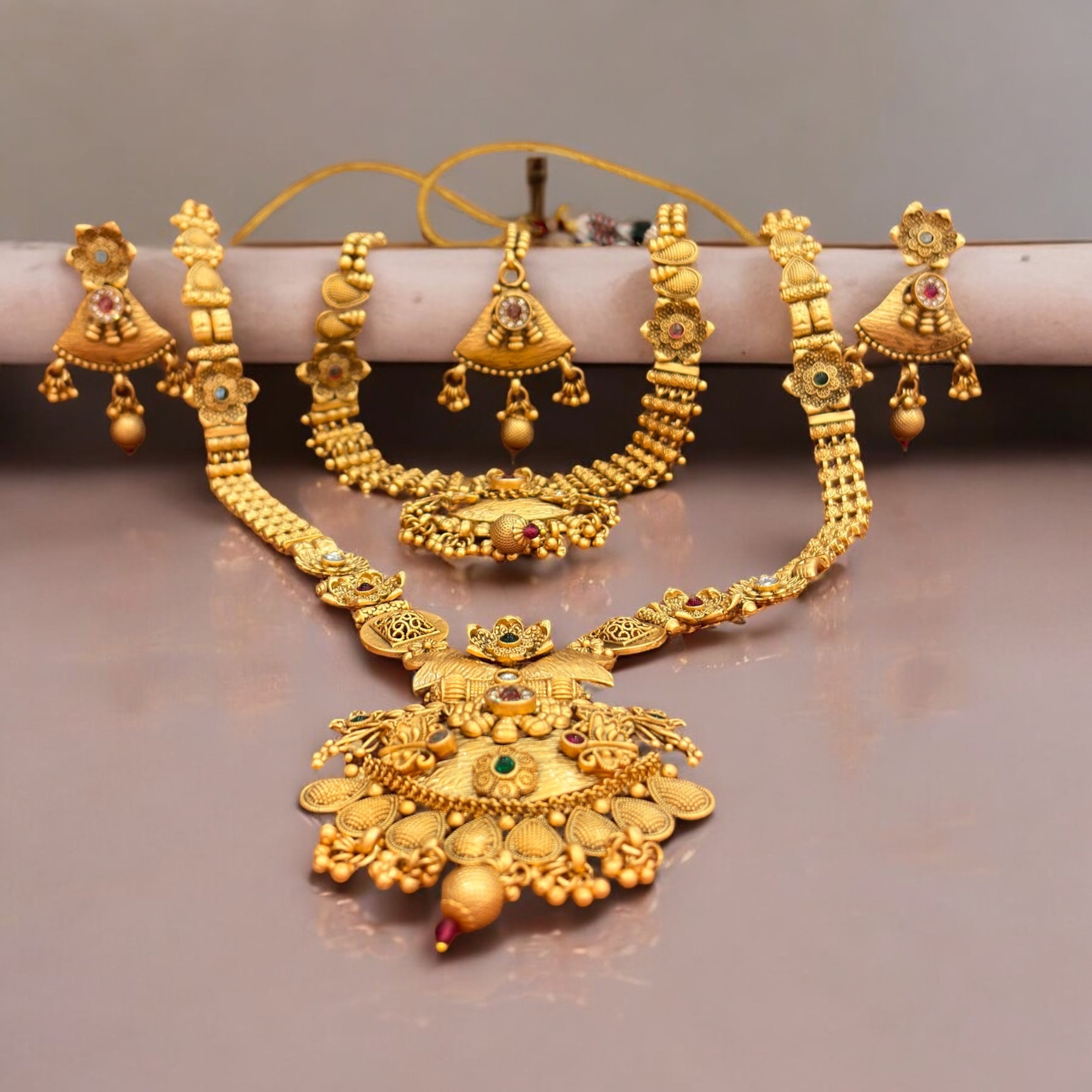 Traditional Gold-Plated Long Necklace and Choker Set