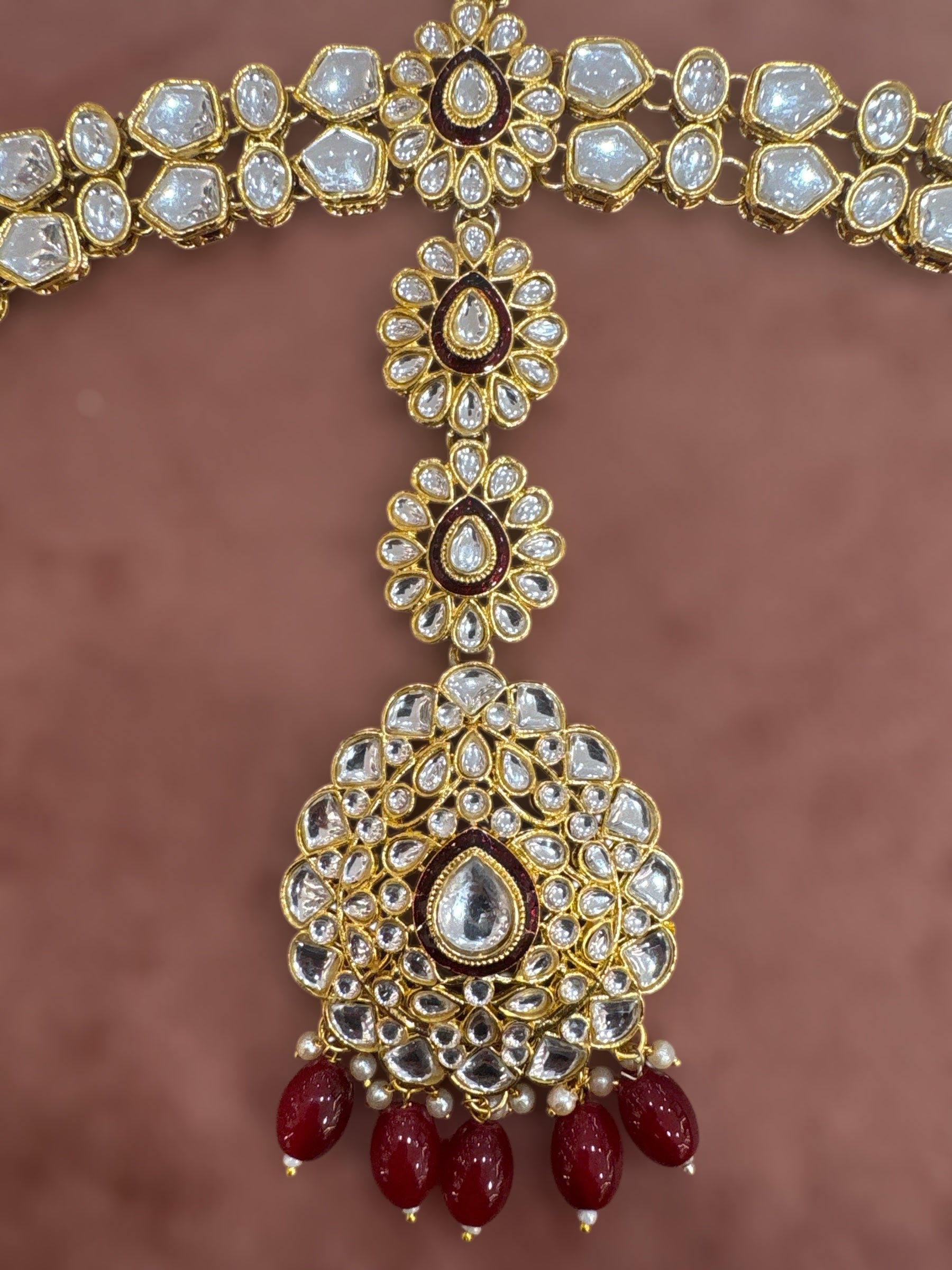 Traditional Kundan Sheesh Patti with Ruby Bead Accents