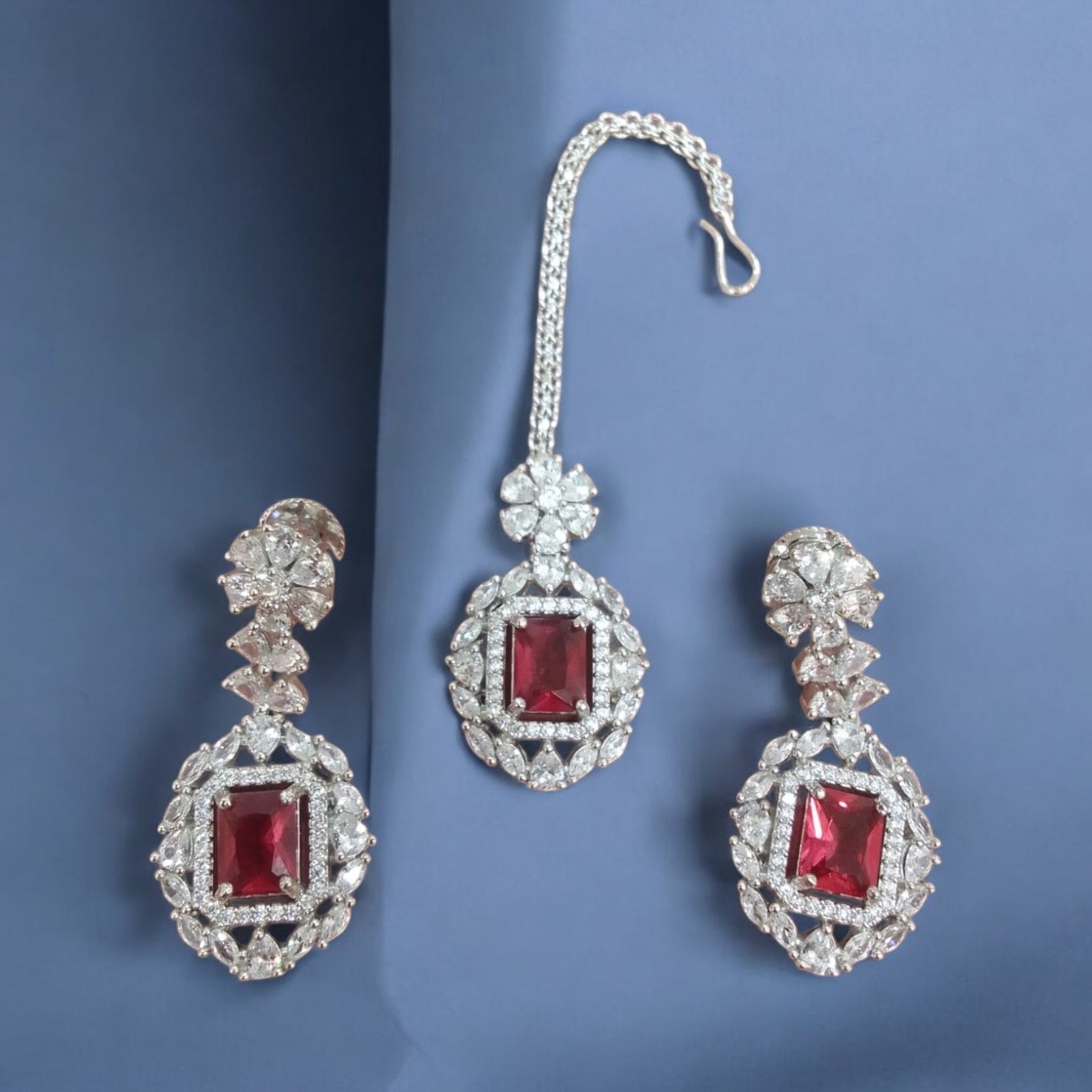 Product Description: Luxurious Silver and Ruby Bridal Jewelry Set