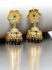 Elegant Gold-Plated Jhumka Earrings with Green Stone Accents