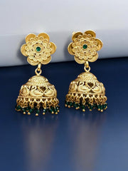 Elegant Gold-Plated Jhumka Earrings with Green Stone Accents