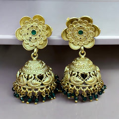 Elegant Gold-Plated Jhumka Earrings with Green Stone Accents