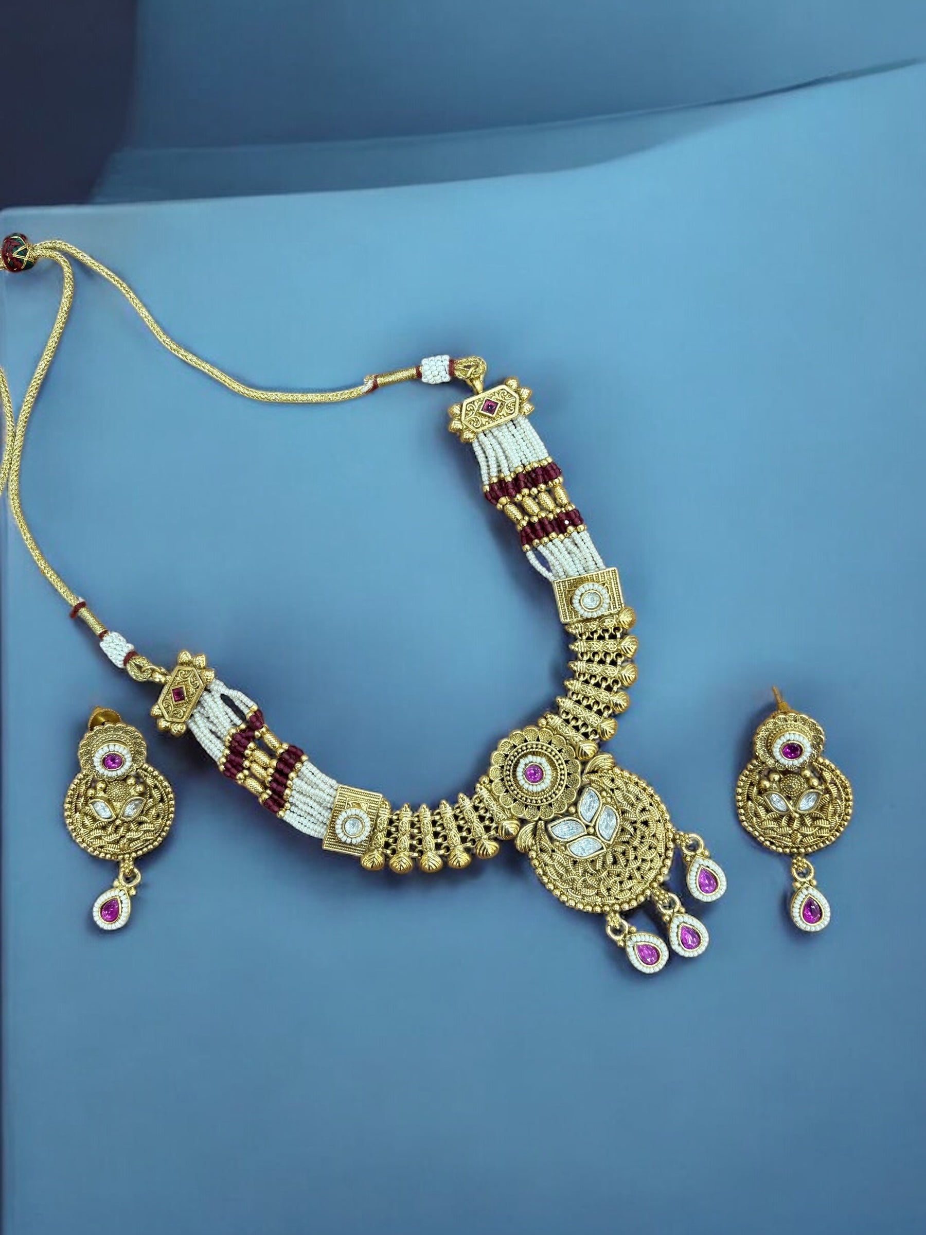 Traditional Gold-Plated Necklace Set with Kundan and Pearl Work