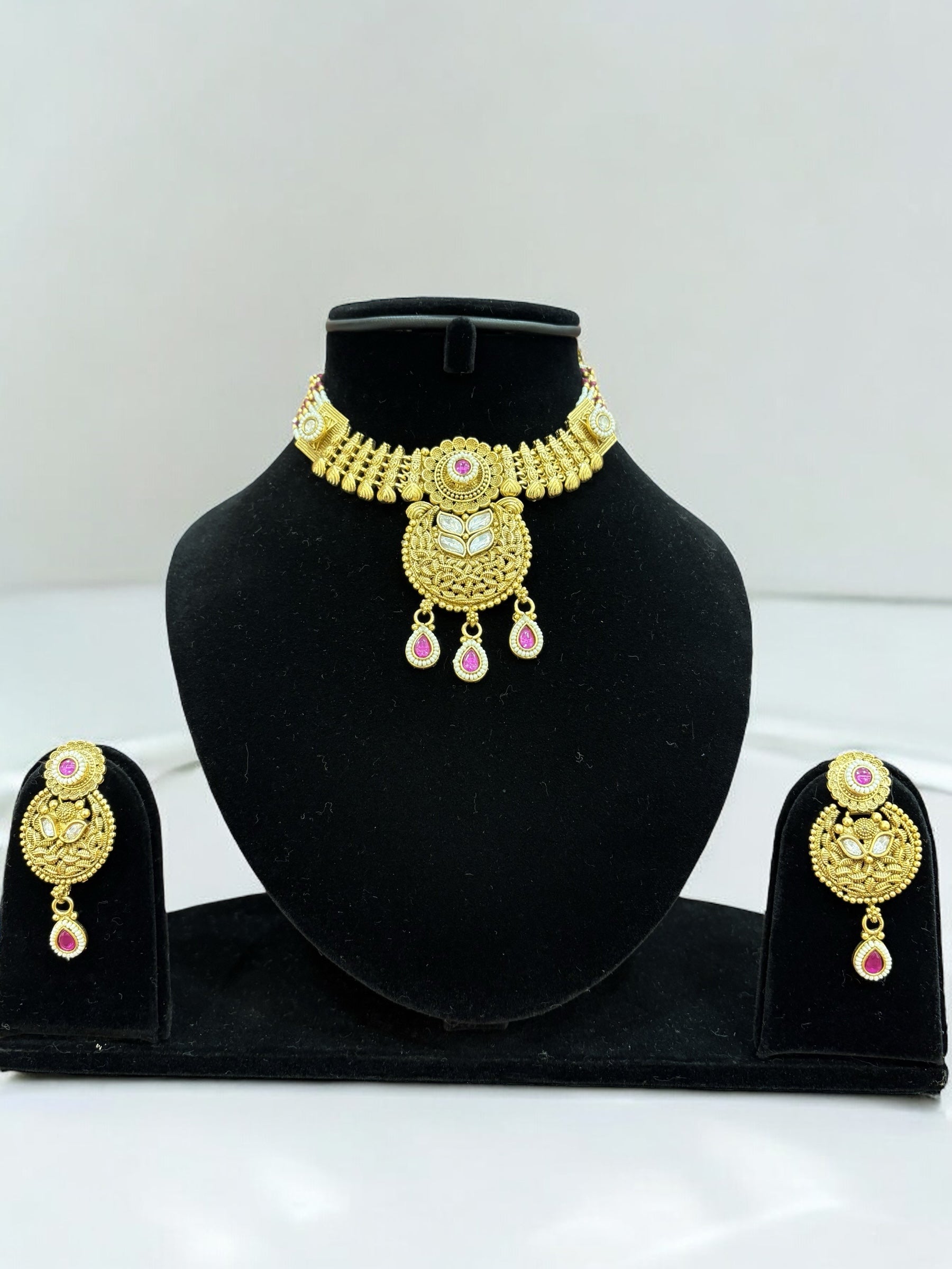 Traditional Gold-Plated Necklace Set with Kundan and Pearl Work