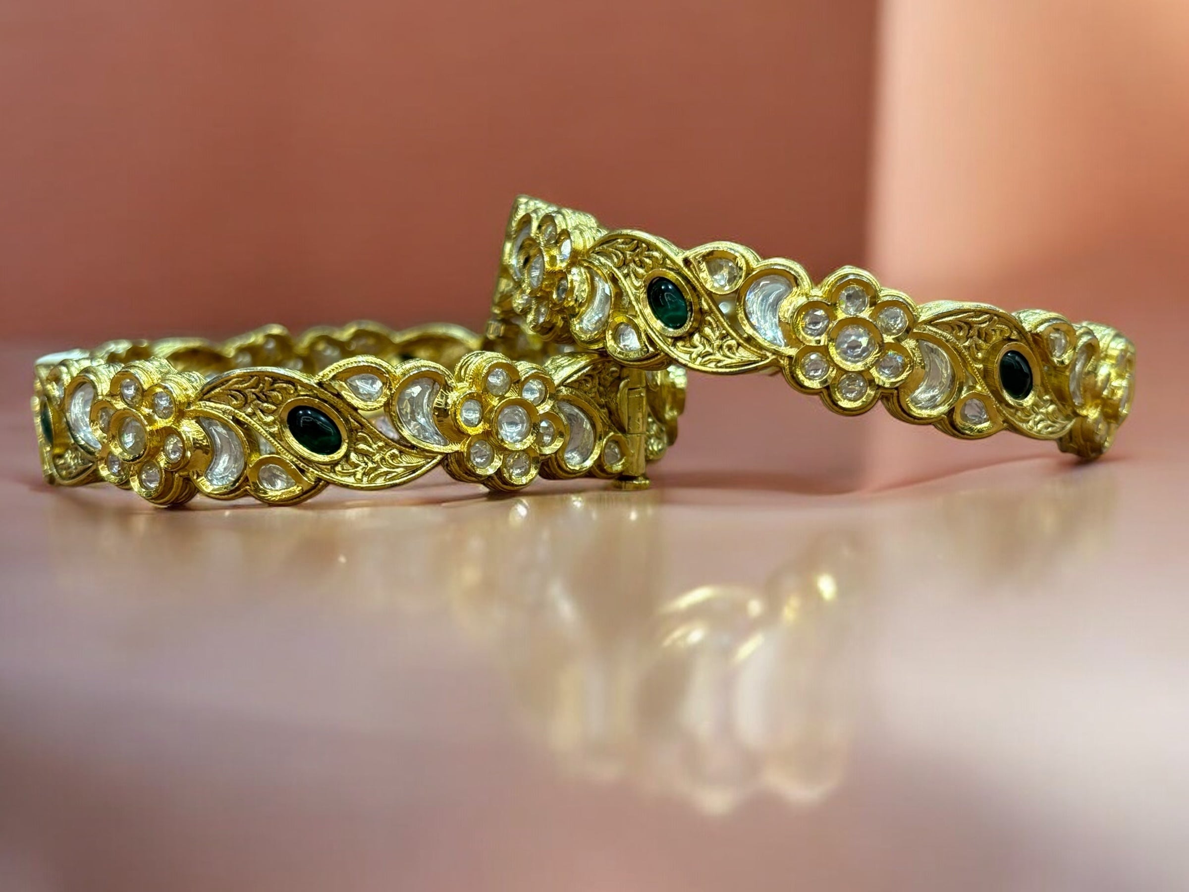 Gold-Toned Floral Bangles with Sparkling Stones