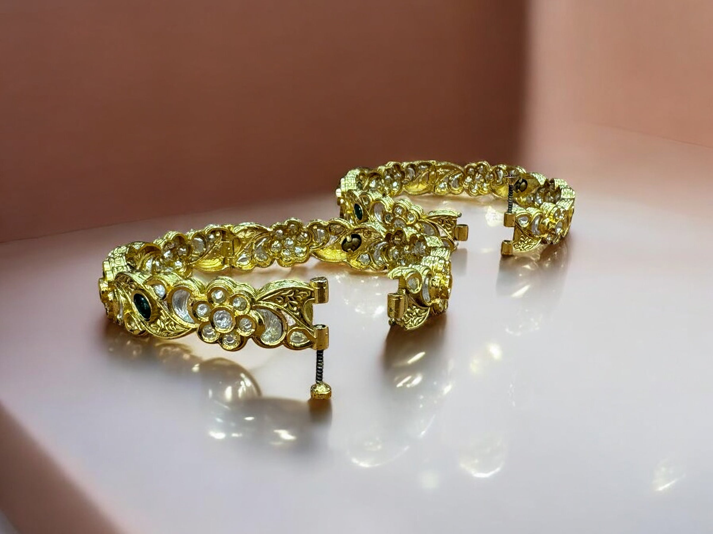 Gold-Toned Floral Bangles with Sparkling Stones