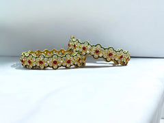 Exquisite Golden Floral Bangles with Ruby and Diamond Accents