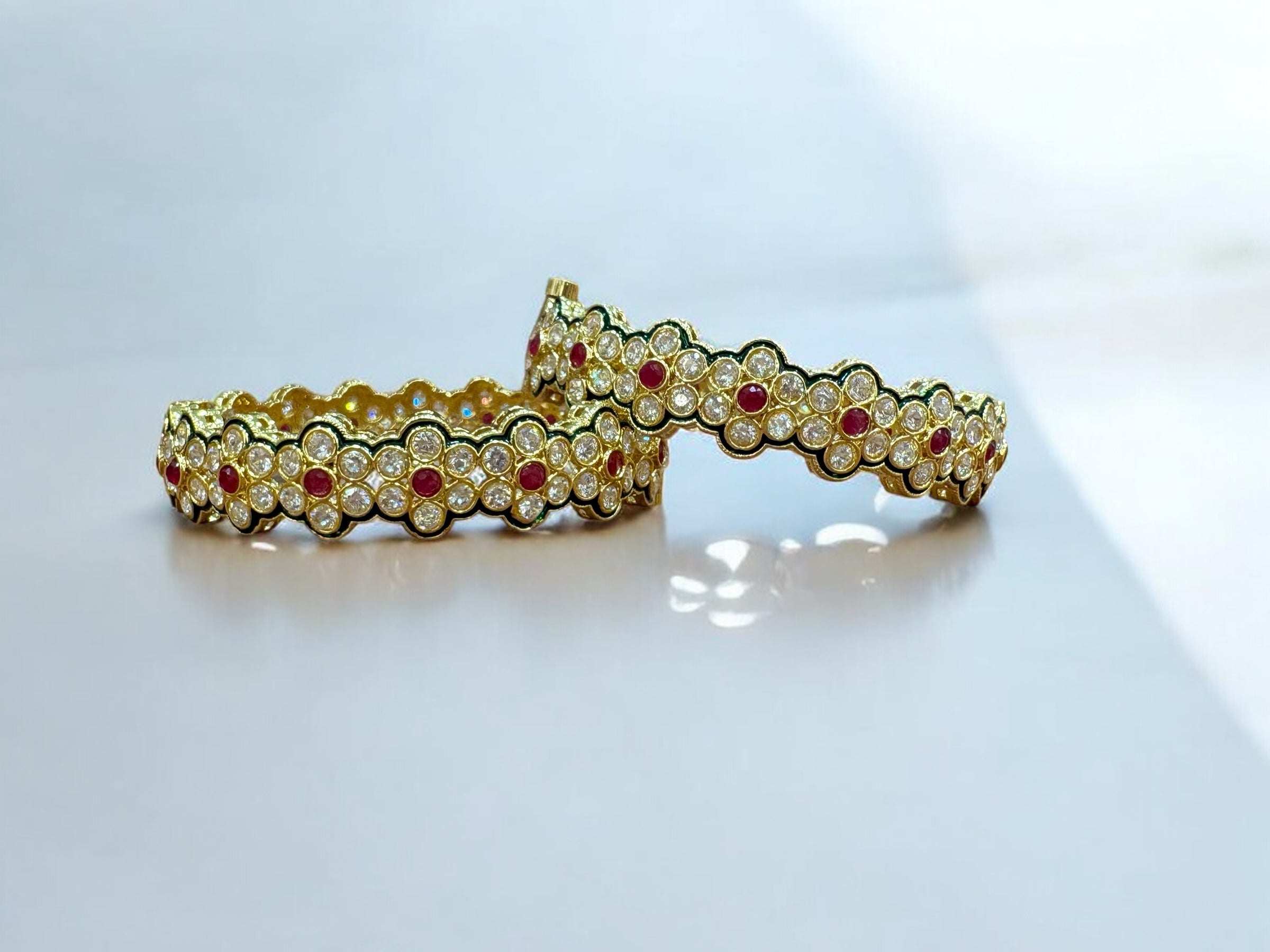 Exquisite Golden Floral Bangles with Ruby and Diamond Accents