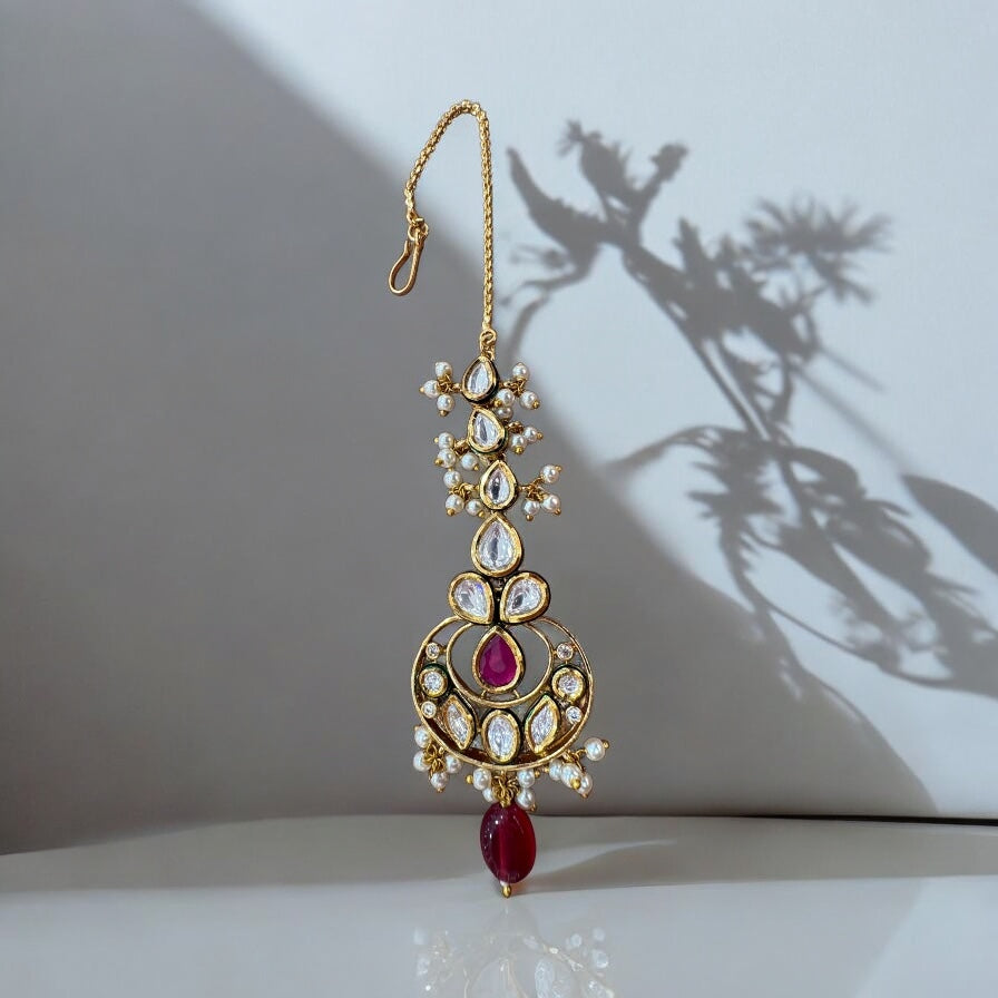 Traditional Kundan Maang Tikka with Pearl & Red Stone Detailing