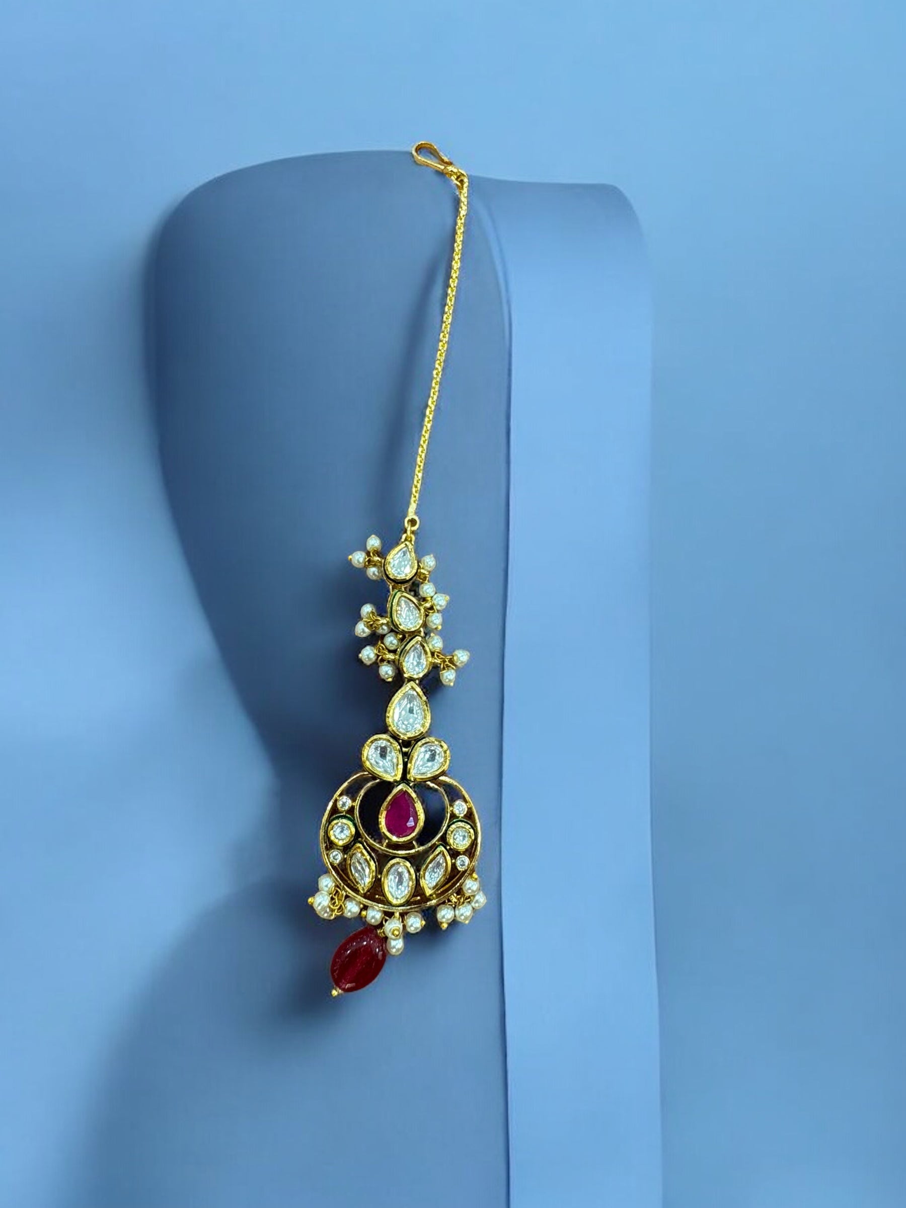 Traditional Kundan Maang Tikka with Pearl & Red Stone Detailing