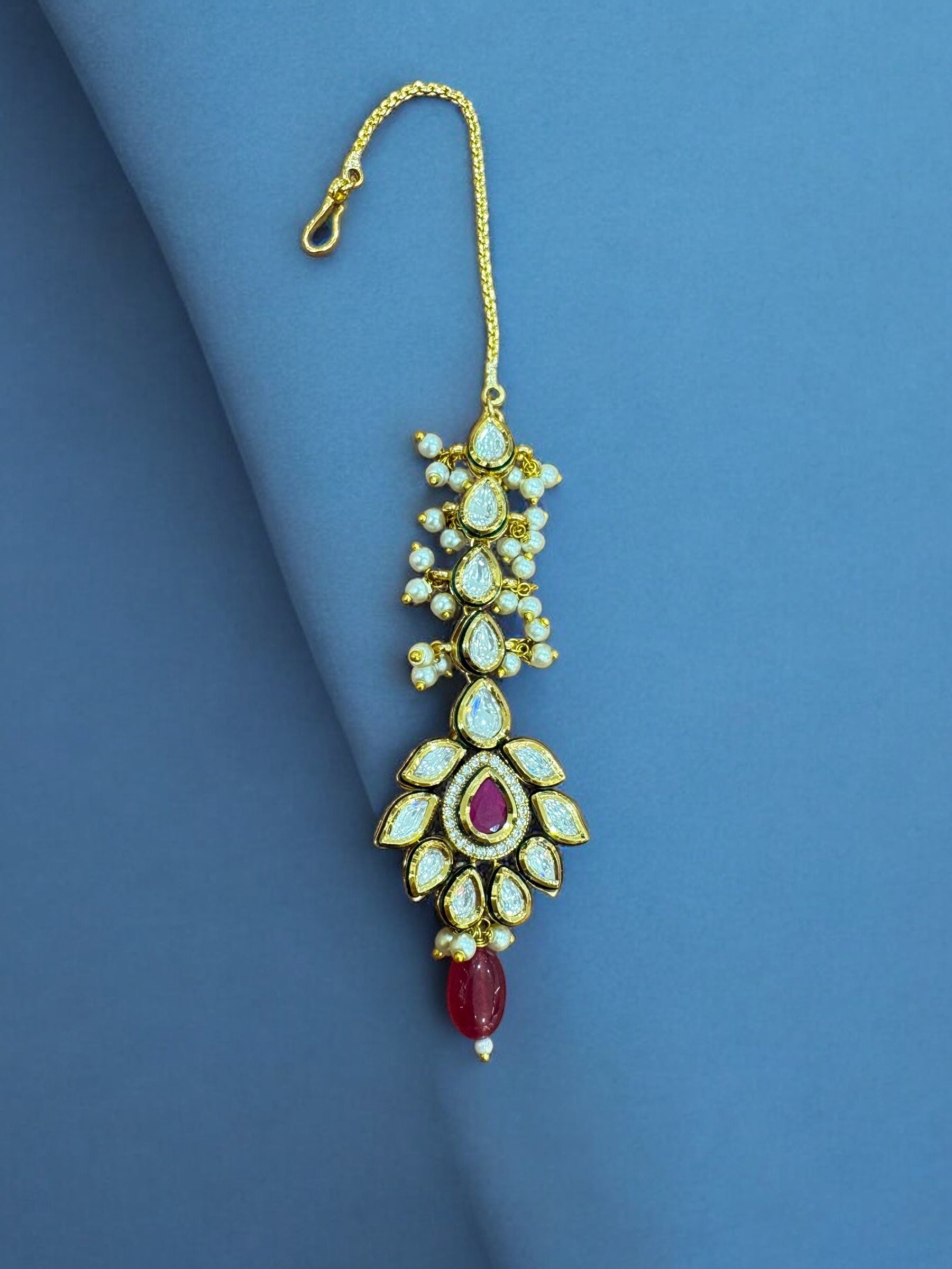 Exquisite Kundan Maang Tikka with Pearl & Red Stone Accents