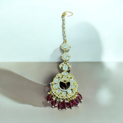Grand Kundan Maang Tikka with Pearl & Red Bead Drops